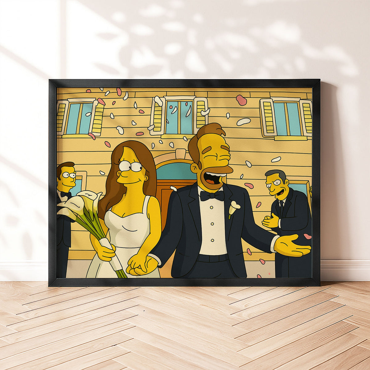 Whimsical Cartoon Wedding Art featuring Homer and Marge in Celebration - Simpsons-Inspired Marriage Scene Decor
 - 7