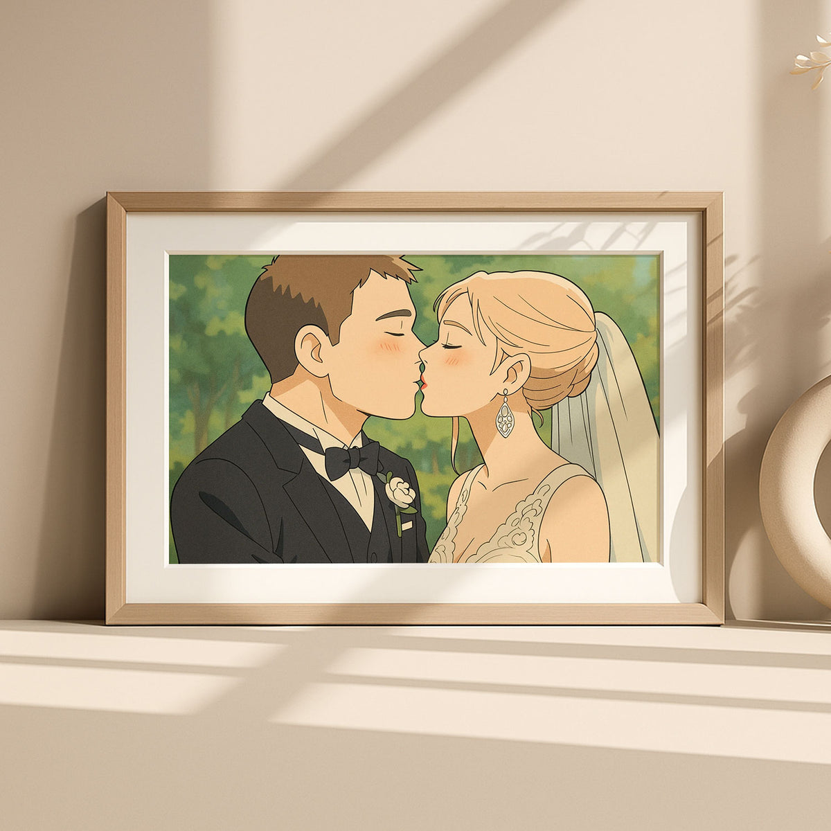 Romantic Cartoon Wedding Kiss Art Print - Elegant Couple Illustration for Home Décor
 - 7