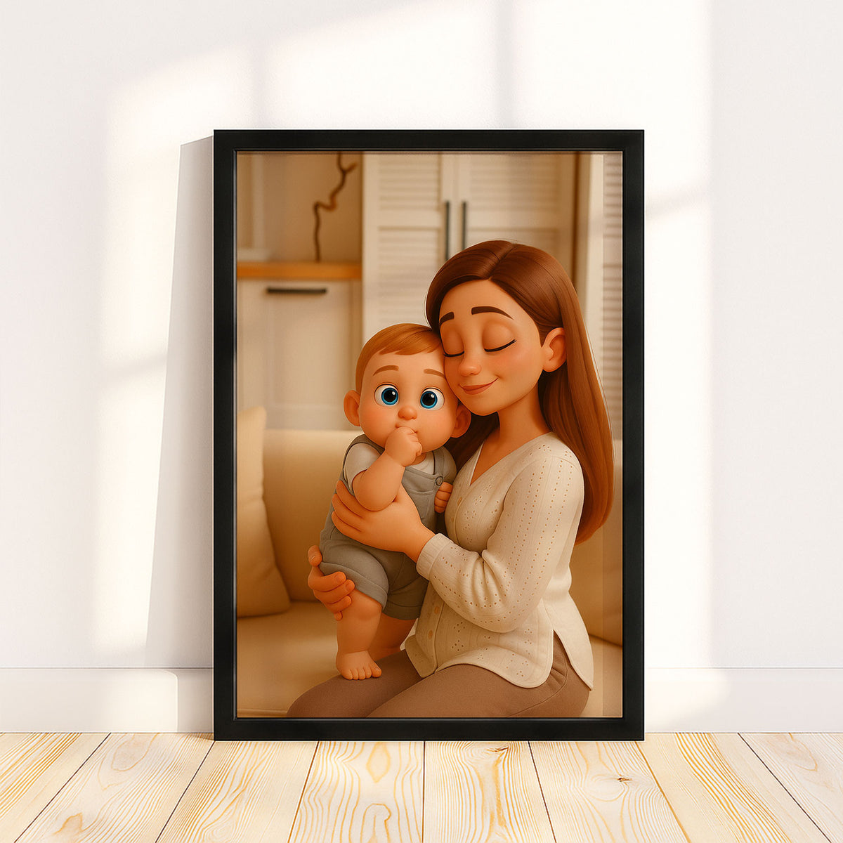 Heartwarming Cartoon Art Print of a Mother Joyfully Interacting with Her Baby in a Cozy Home Setting - Perfect for Nurseries and Family Spaces
 - 7