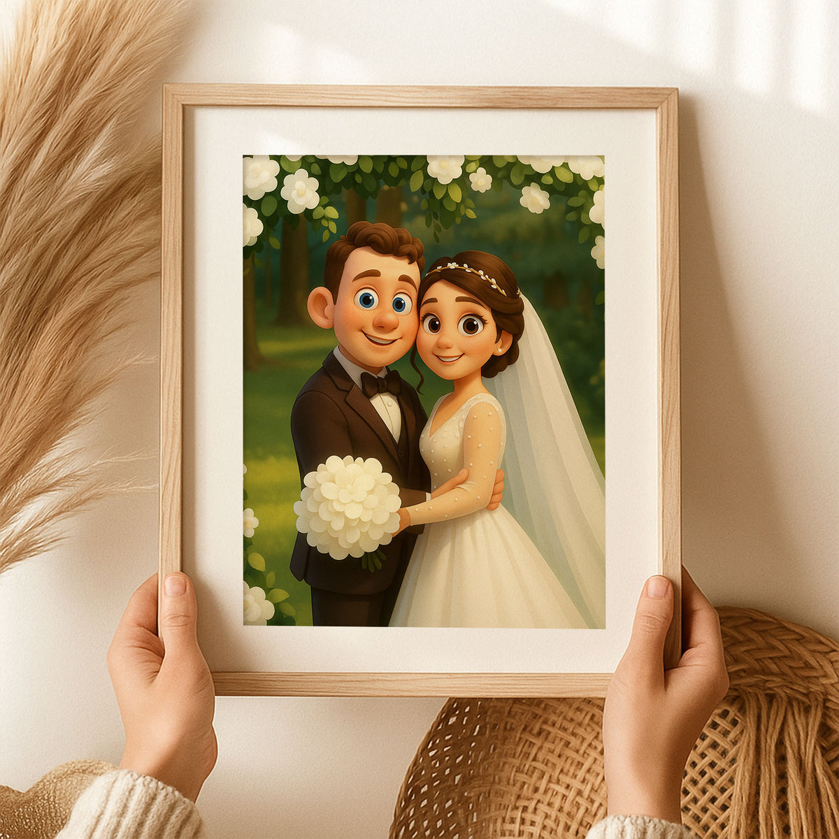 Whimsical Cartoon Wedding Portrait of Happy Couple in Nature - Perfect for Celebrating Love and Special Days
 - 7