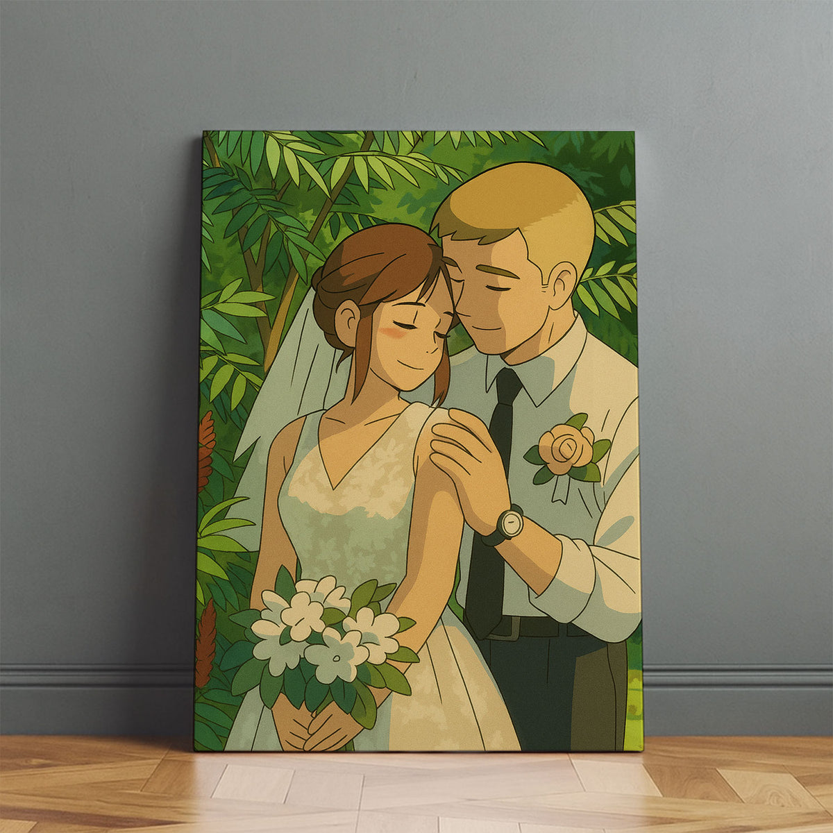 Charming Animated Wedding Artwork: Elegant Couple in Nature-Inspired Style - Perfect for Home Decor
 - 7