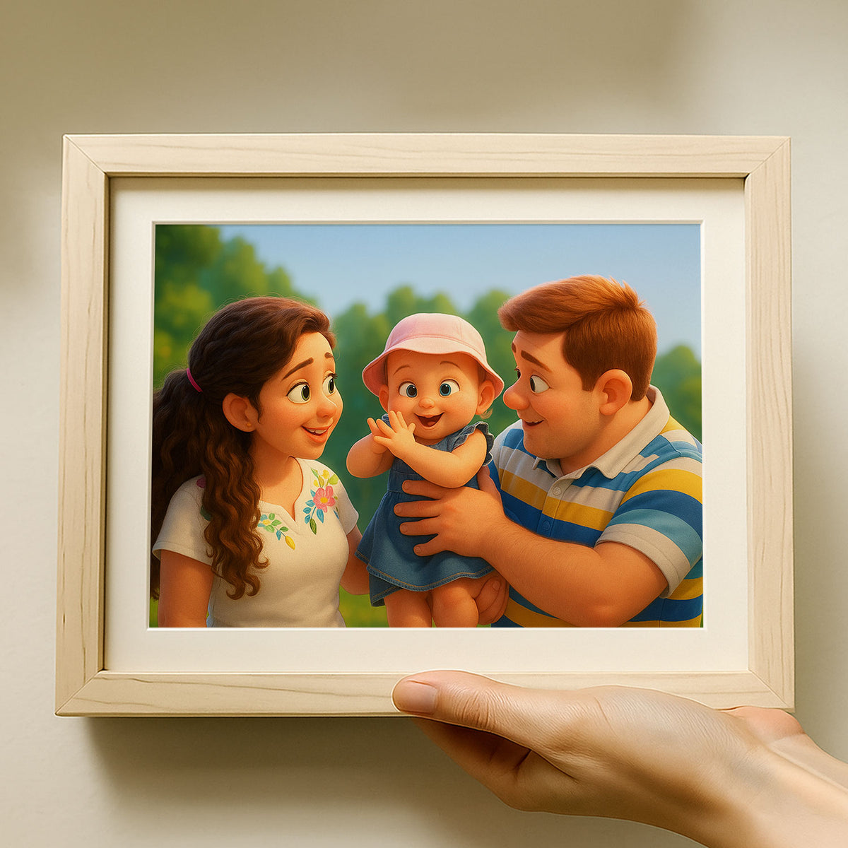 Charming Family Portrait: Heartwarming Cartoon Art Featuring Joyful Parents and Baby
 - 6