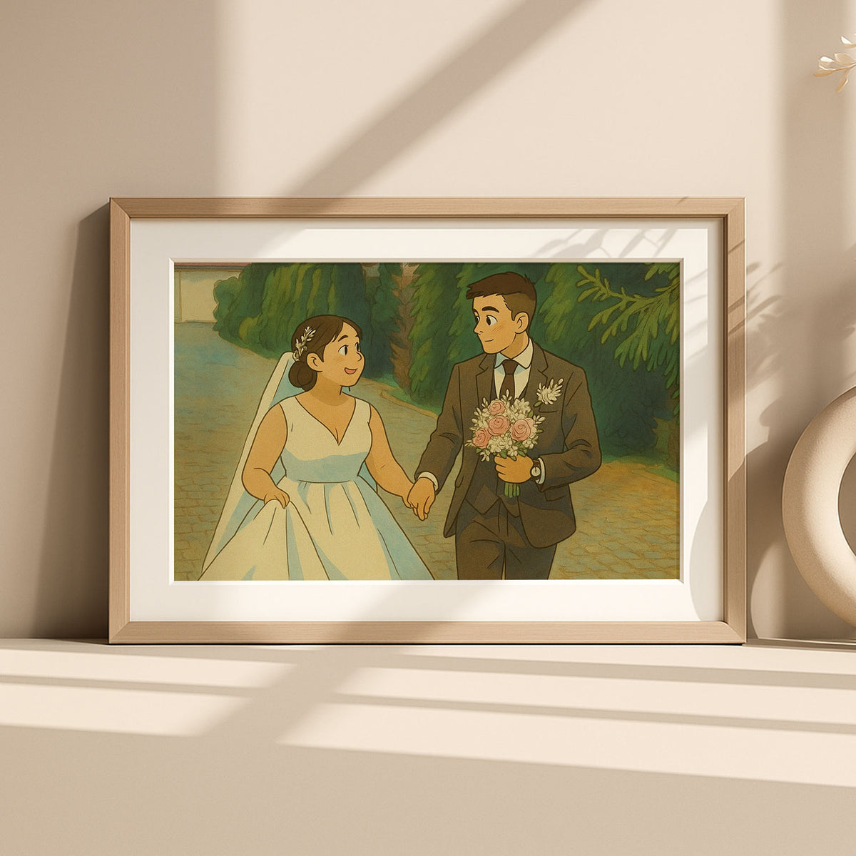 Romantic Wedding Kiss Art Print: Whimsical Couple Embrace in Soft Pastels - Perfect for Home Decor
 - 7