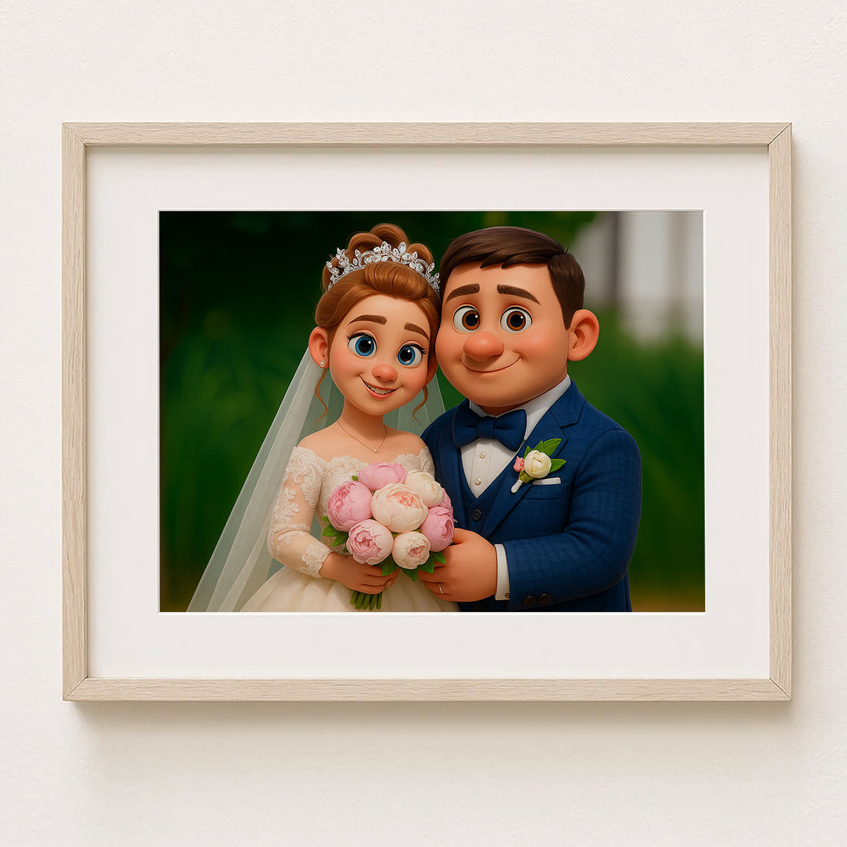 Charming Cartoon Wedding Portrait of a Happy Couple with Bouquet in Bright Colors
 - 7