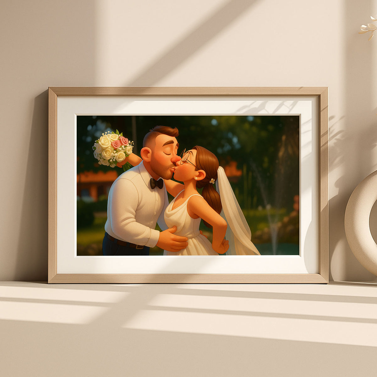 Charming Cartoon Wedding Portrait of Happy Couple in Vibrant Animation Style - Ideal for Home Decor
 - 7