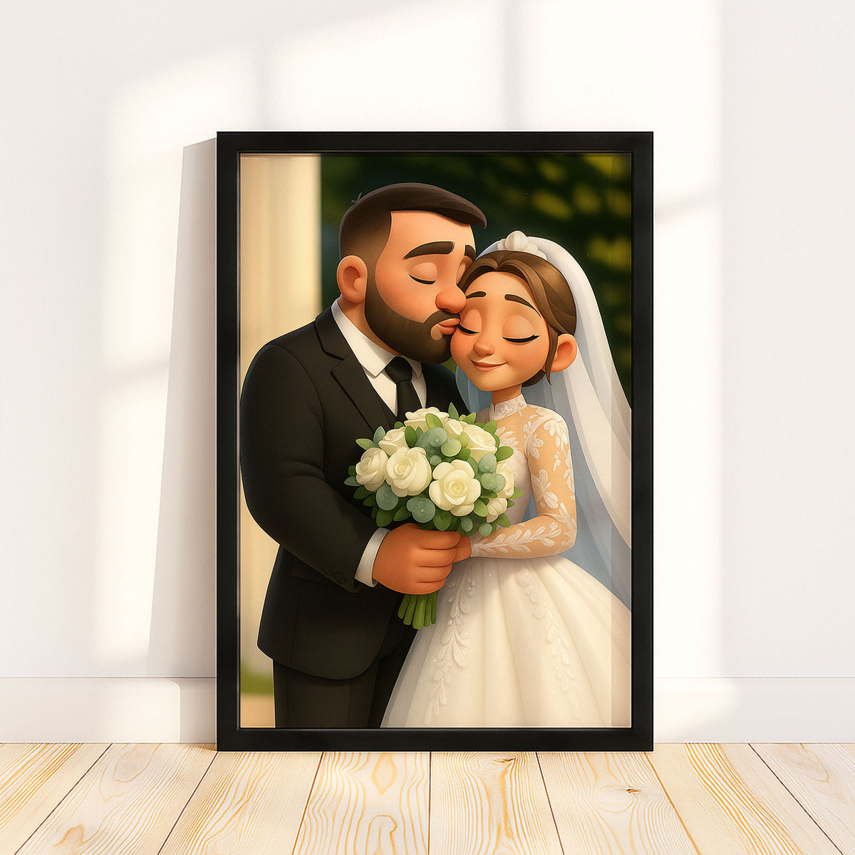Charming Animated Wedding Portrait: Bride and Groom Embrace in Whimsical Art Style
 - 7