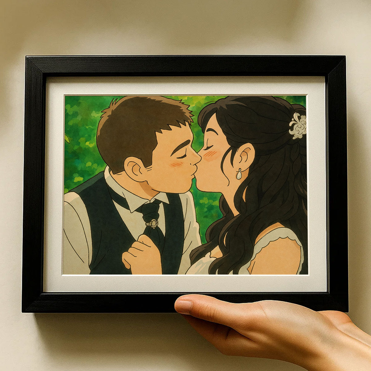 Charming Cartoon Wedding Art Print: Joyful Couple in Love Walking Together
 - 7