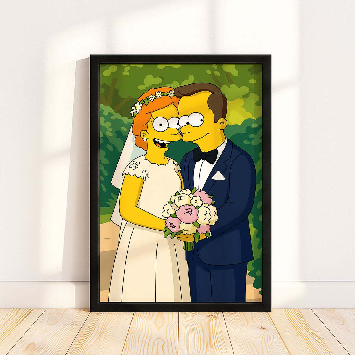 Whimsical Cartoon Wedding Art Print of Homer and Marge Simpson Kissing in Vibrant Colors
 - 7