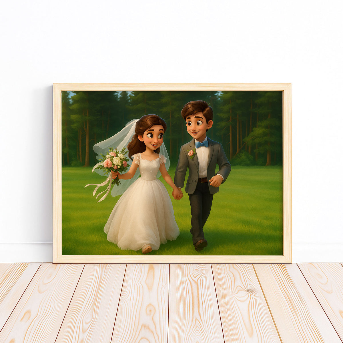 Whimsical Wedding Portrait: Charming Animated Style Art of Happy Couple on Their Special Day
 - 7