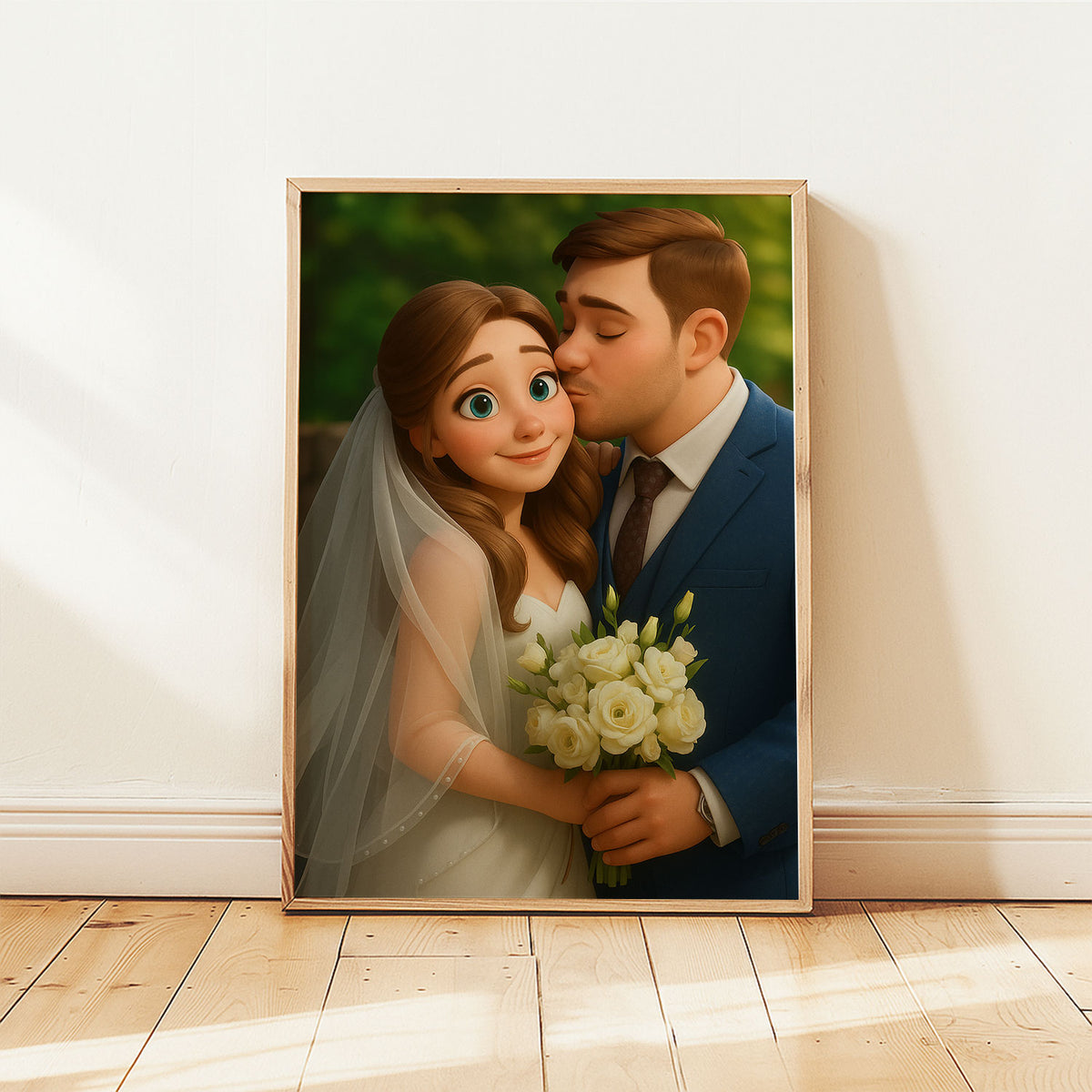 Charming Animated Wedding Art: Romantic Kissing Couple in Cartoon Style for Your Home Decor
 - 7