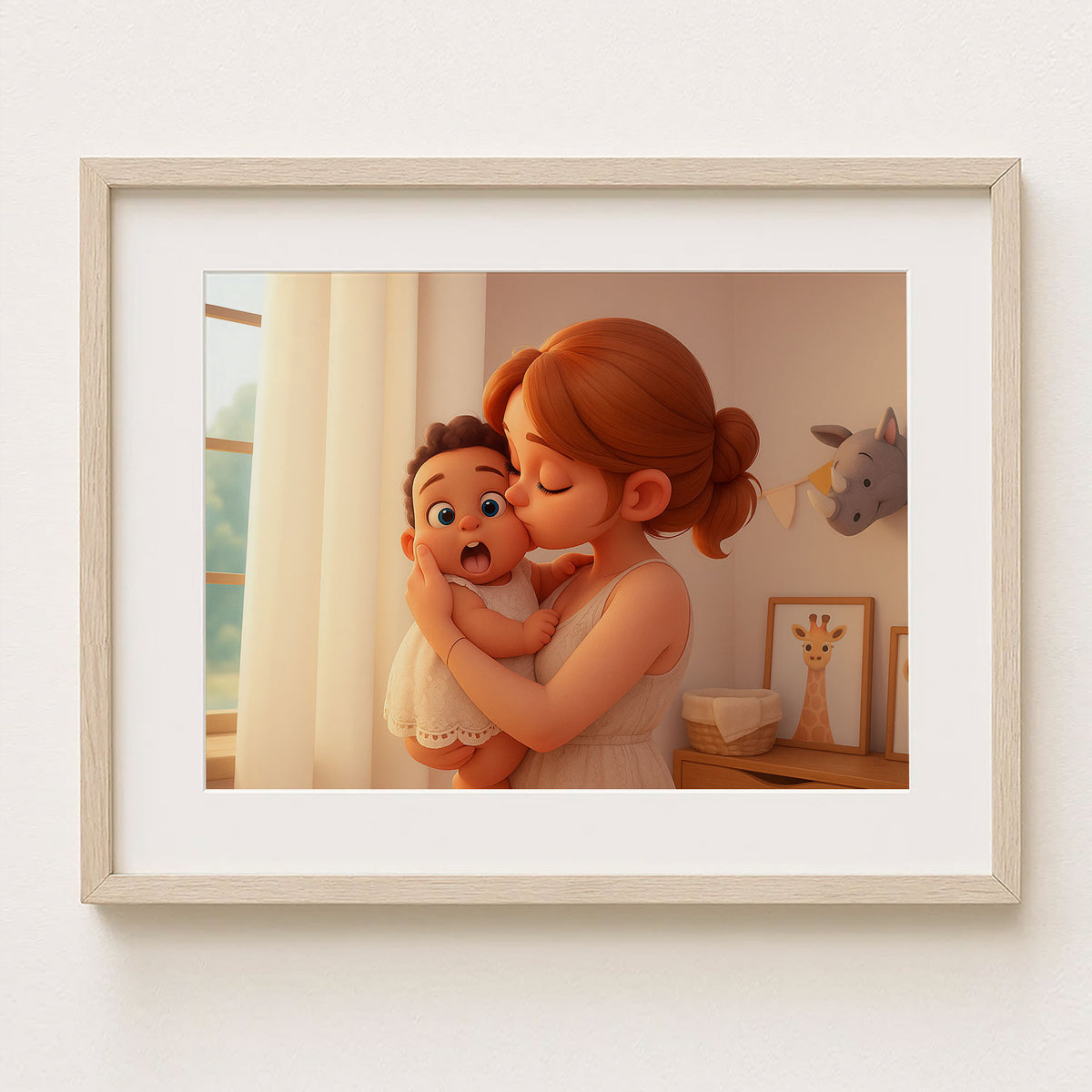 Adorable Cartoon Mom and Baby Art Print: Celebrate Love and Bonding in a Cozy Home Setting!
 - 7