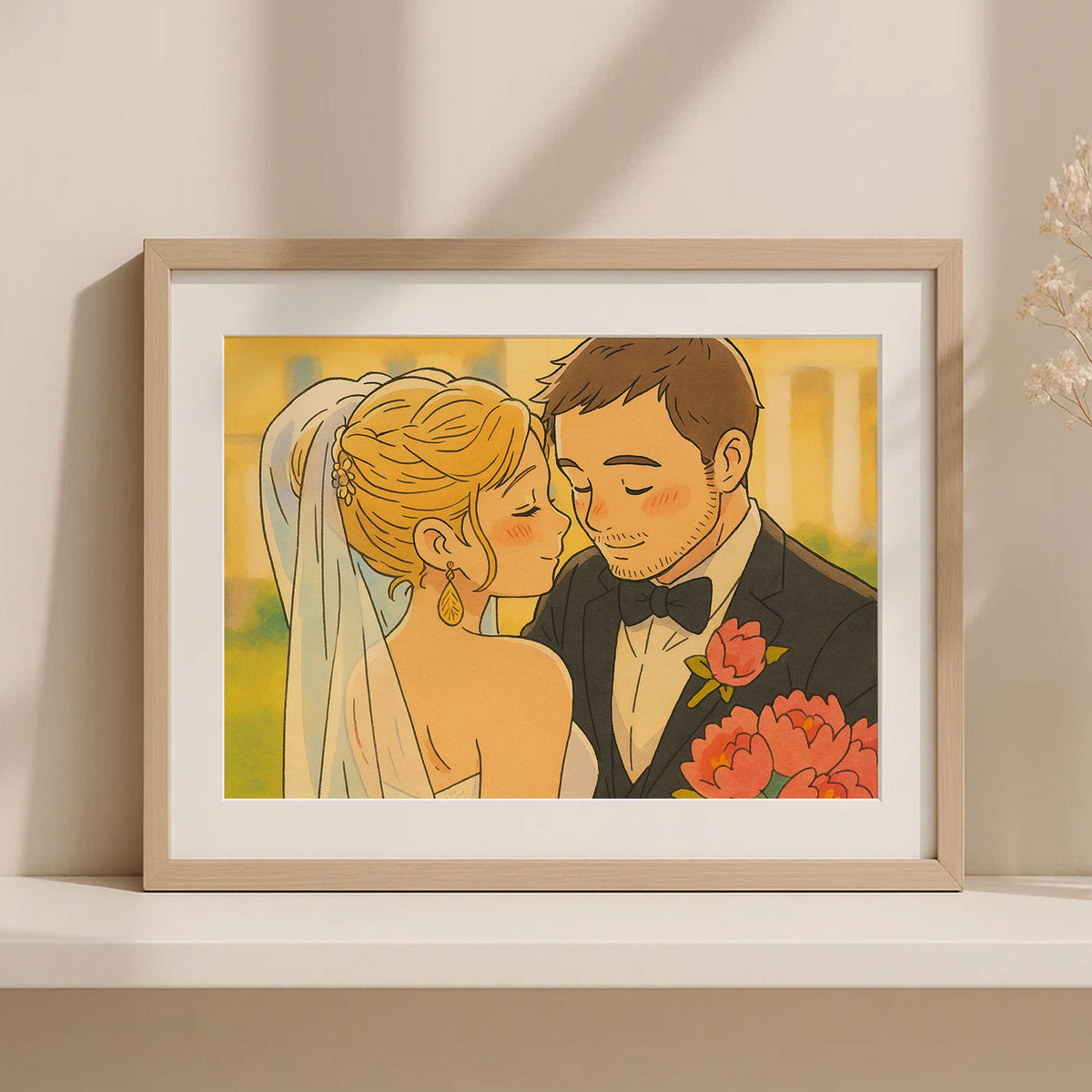 Charming Wedding Kiss Artwork - Romantic Cartoon Style Love Portrait for Special Moments
 - 7