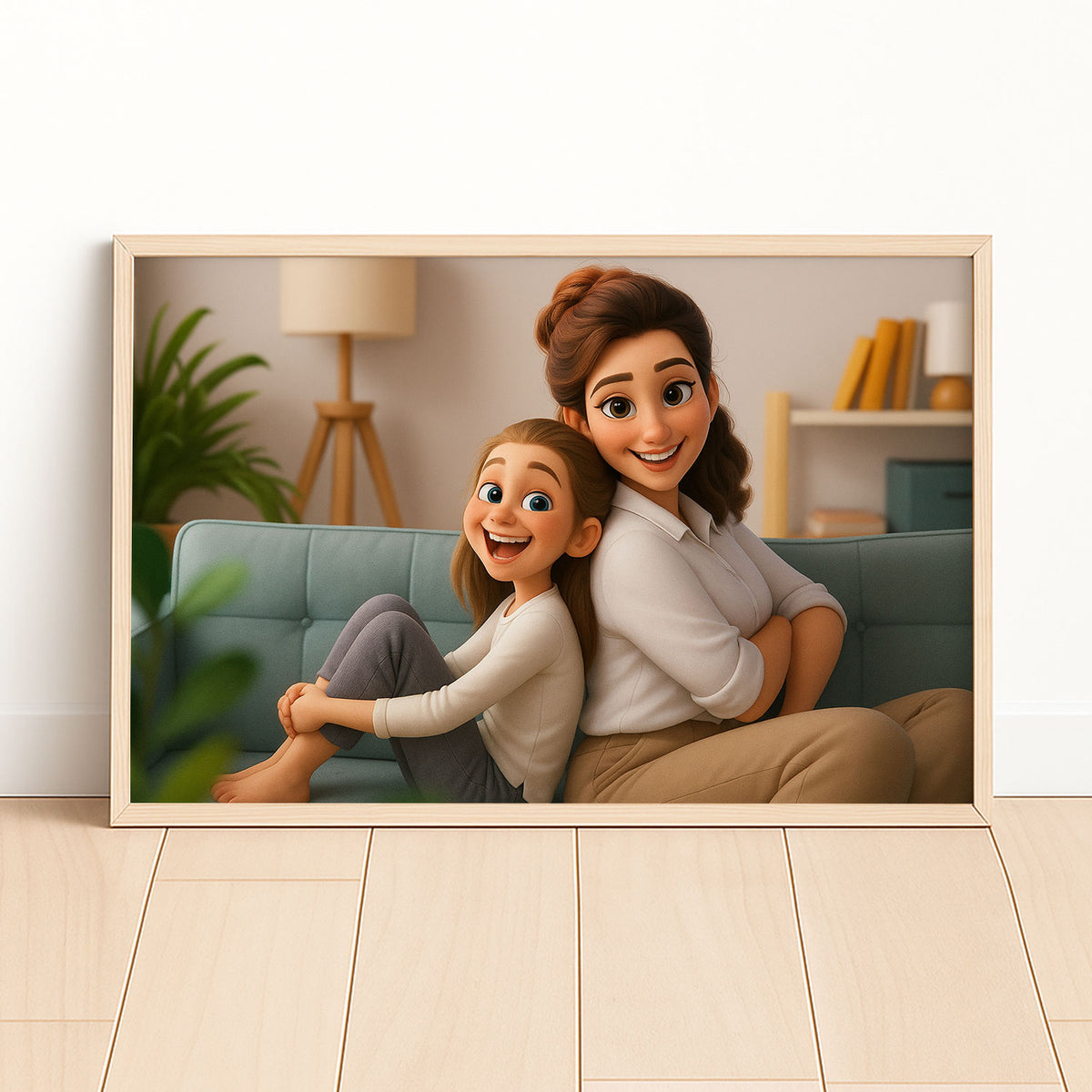 Charming Cartoon Portrait of Two Sisters Embracing: A Heartwarming Art Print for Family Love
 - 7
