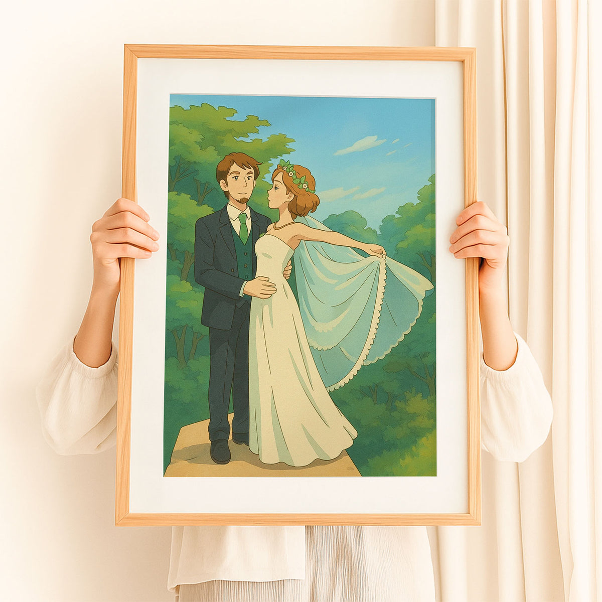 Charming Illustrated Wedding Portrait: Couple Embracing in Lush Greenery – Perfect for Home Decor and Gifts
 - 6