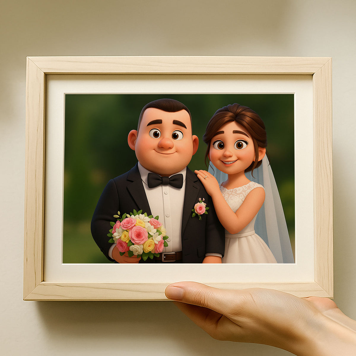 Charming Animated Wedding Portrait: Joyful Bride and Groom in Whimsical Illustration Style
 - 7