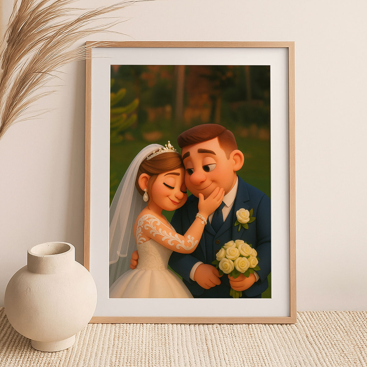 Whimsical Wedding Portrait: Charming Cartoon Art of Bride and Groom in Love
 - 7