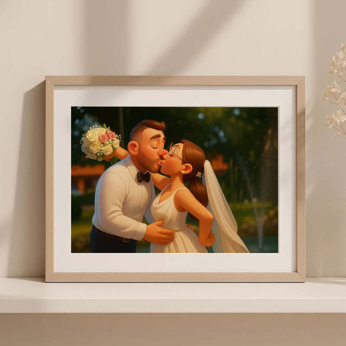 Charming Cartoon Wedding Couple Art Print - Whimsical Love Scene for Home Decor
 - 7