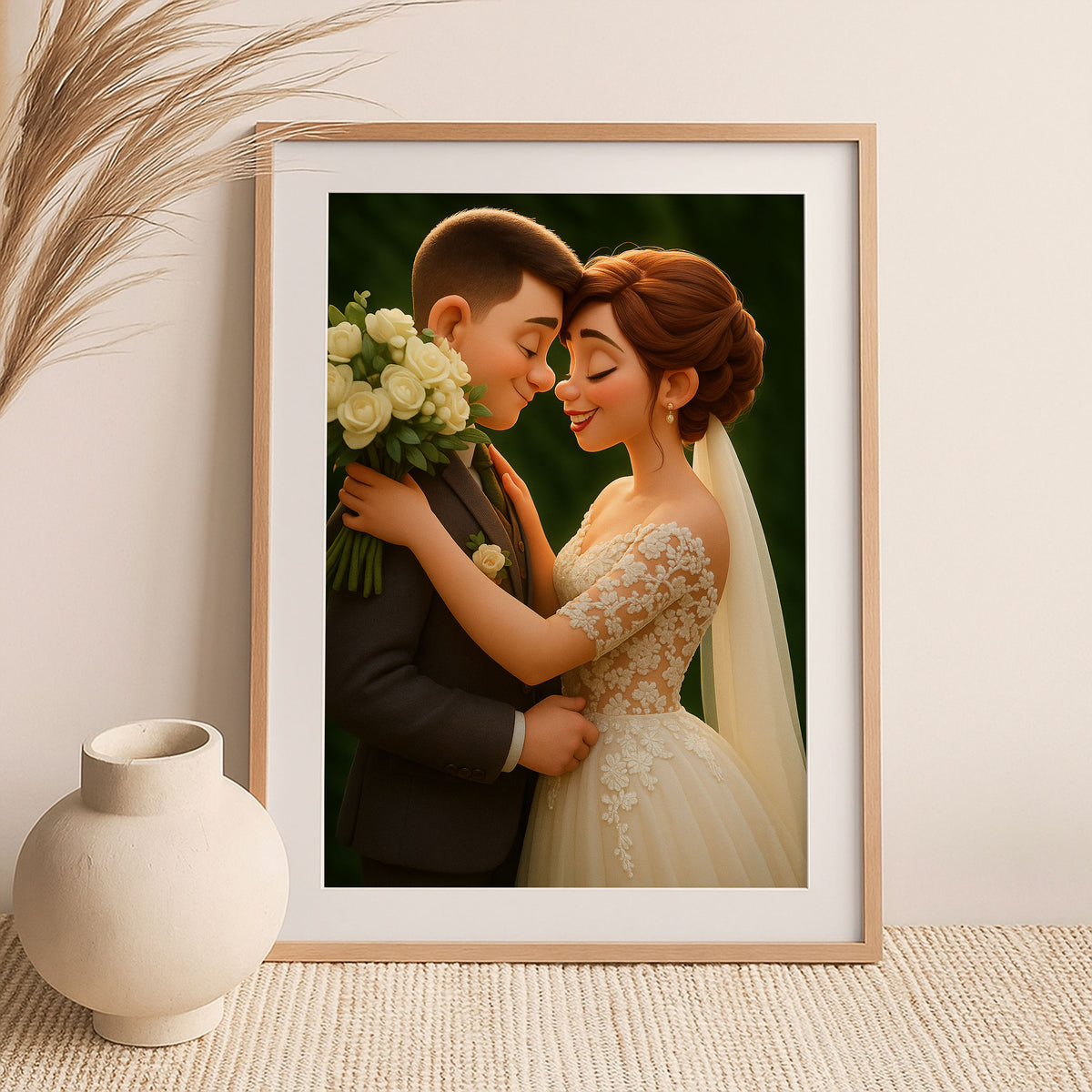 Whimsical Wedding Portrait: Enchanting Couple in Romantic Animation Style with Floral Bouquet
 - 7