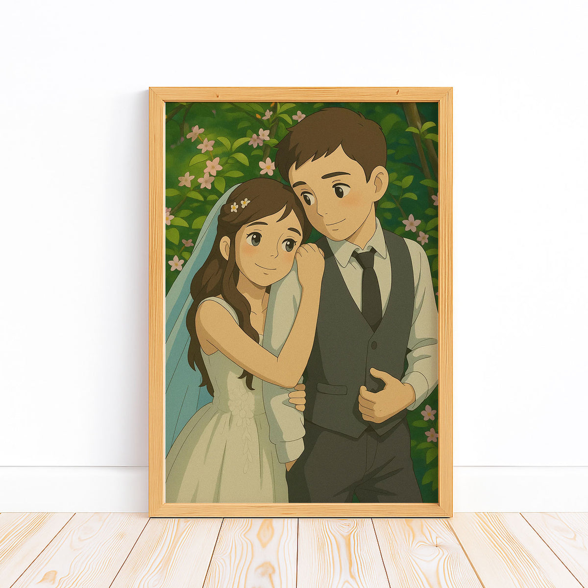 Charming Couple Illustration: Romantic Wedding Art in a Lush Garden Setting
 - 7
