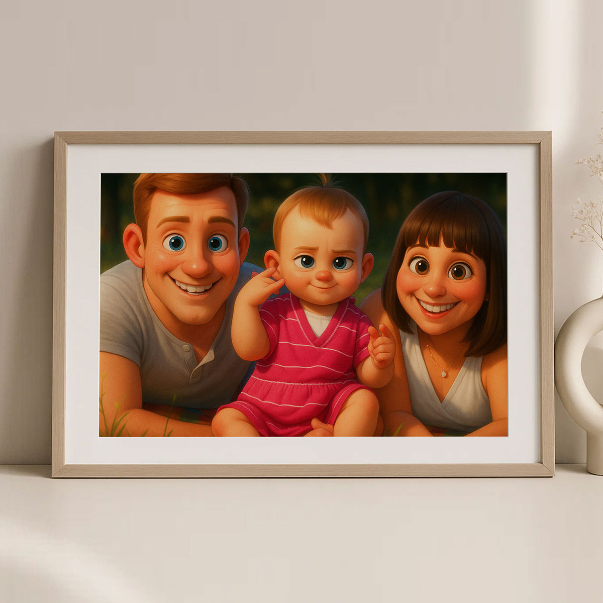 Whimsical Family Portrait Art – Heartwarming Cartoon Style Print of Father, Mother, and Baby Joy
 - 7