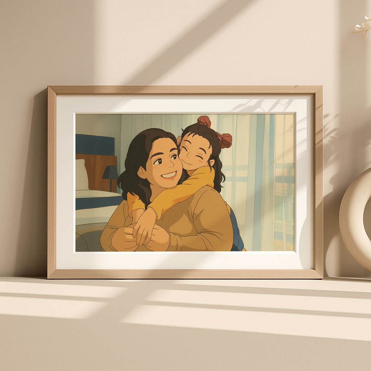 Joyful Bond: Colorful Cartoon Art of a Mother and Daughter Sharing Laughter and Love
 - 7