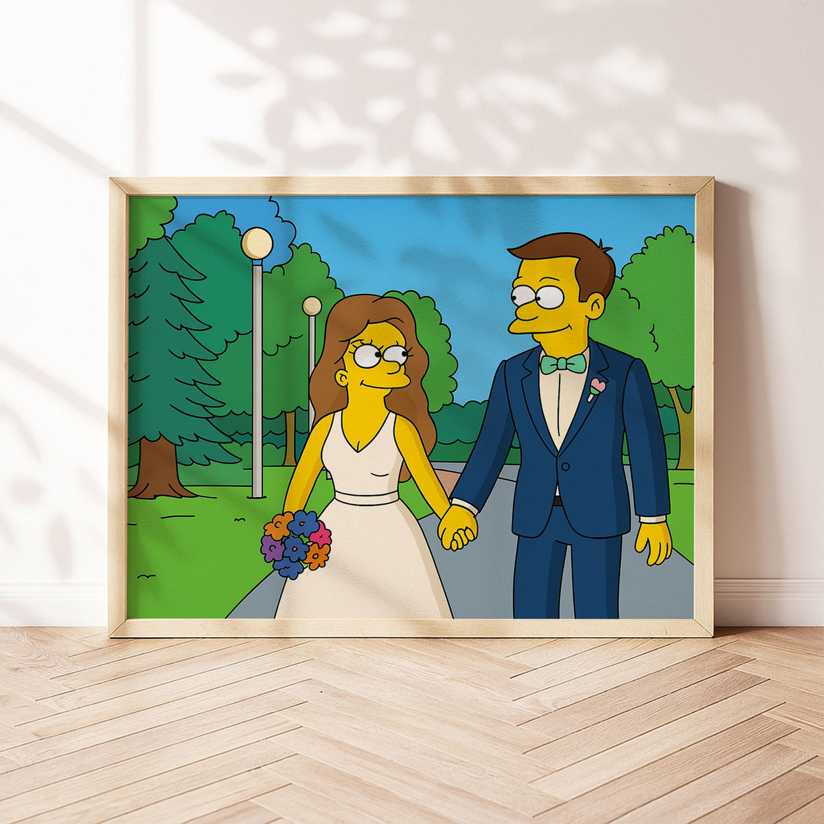 Whimsical Cartoon Wedding Art Print Featuring Cheerful Couple in Unique Animated Style
 - 7