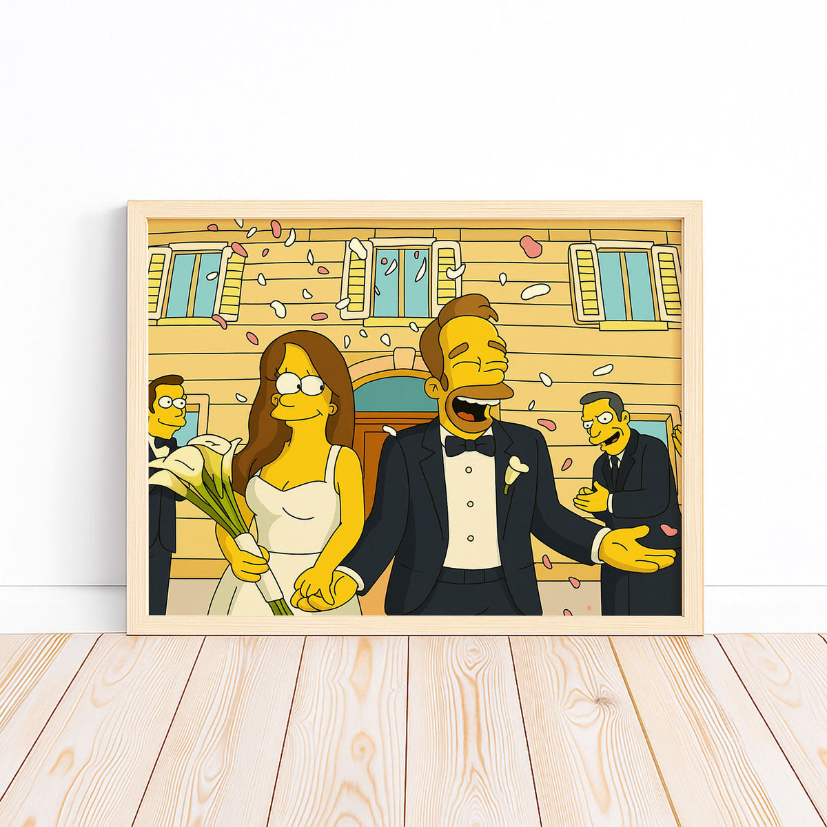 Whimsical Simpsons-Inspired Wedding Art Print – Vibrant Cartoon Couple in Romantic Setting
 - 7