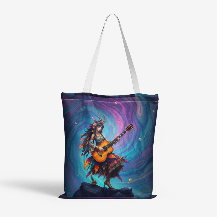 Young lady with guitar with hippie styl outfit Natural Canvas Tote Bags