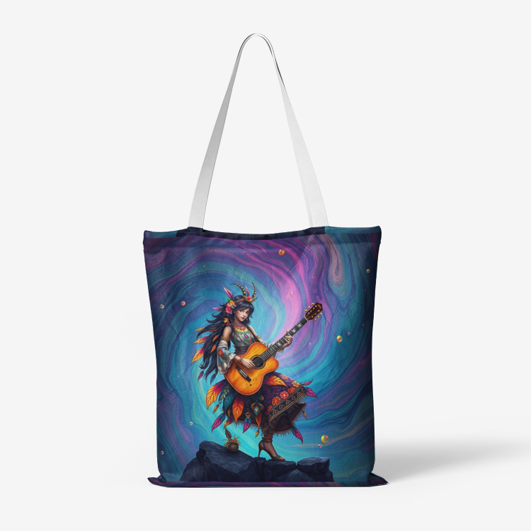 Young lady with guitar with hippie styl outfit Natural Canvas Tote Bags