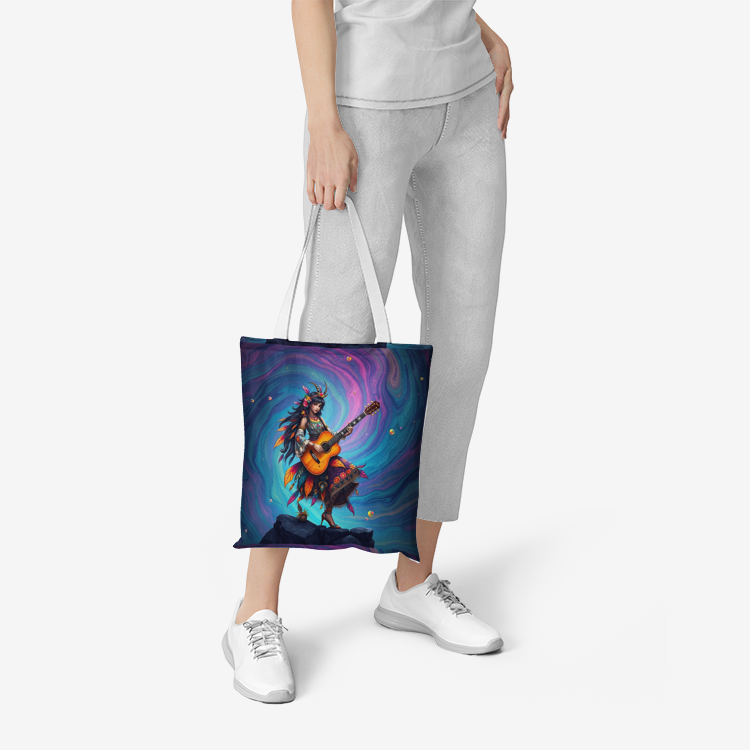 Young lady with guitar with hippie styl outfit Natural Canvas Tote Bags