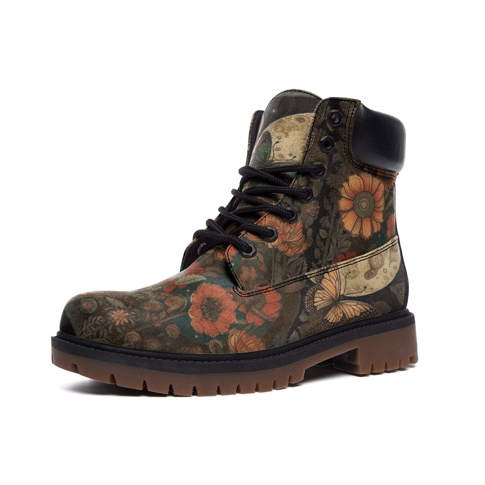 Cosmic Moon & Butterfly Floral Art Casual Leather Lightweight Timber Boots