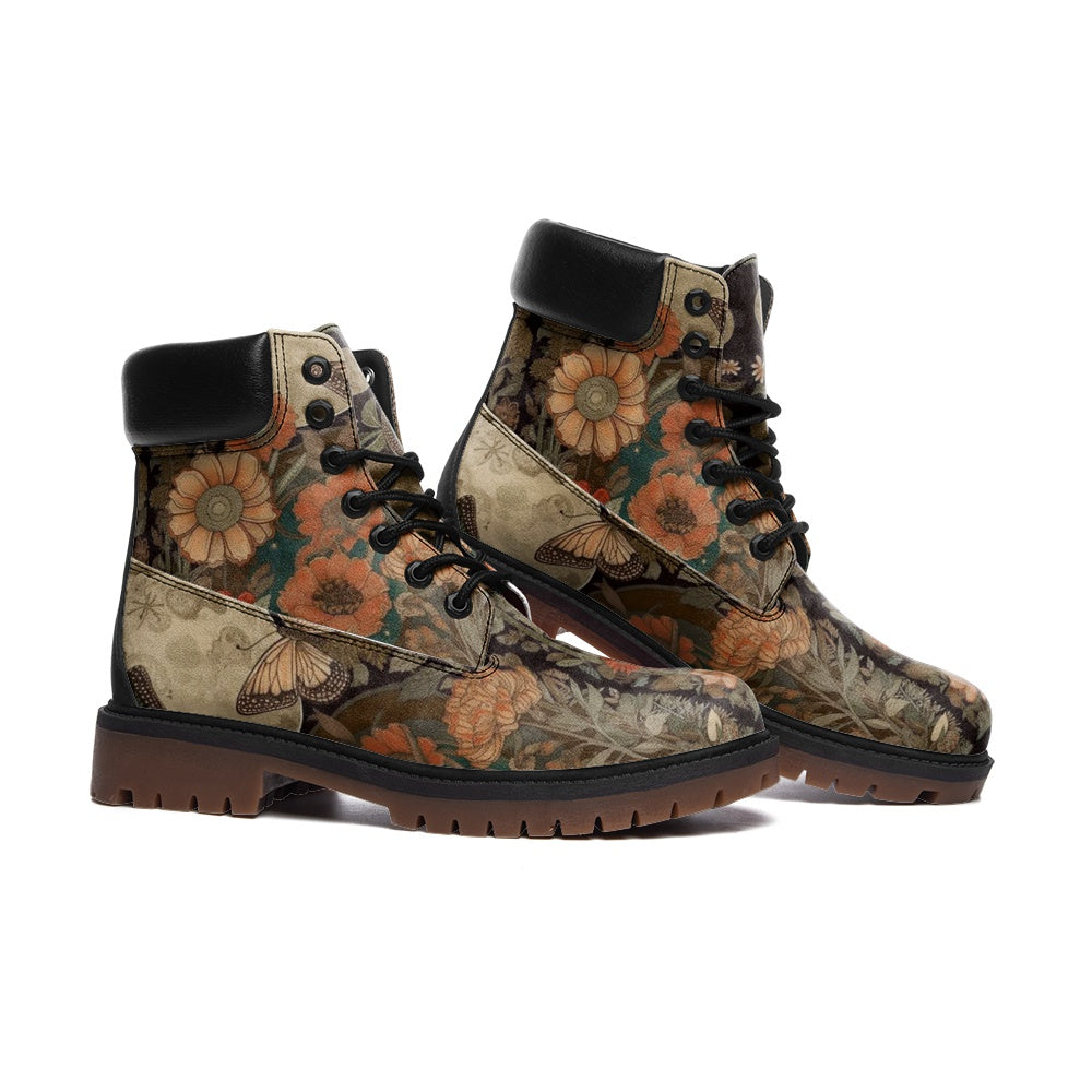 Cosmic Moon & Butterfly Floral Art Casual Leather Lightweight Timber Boots