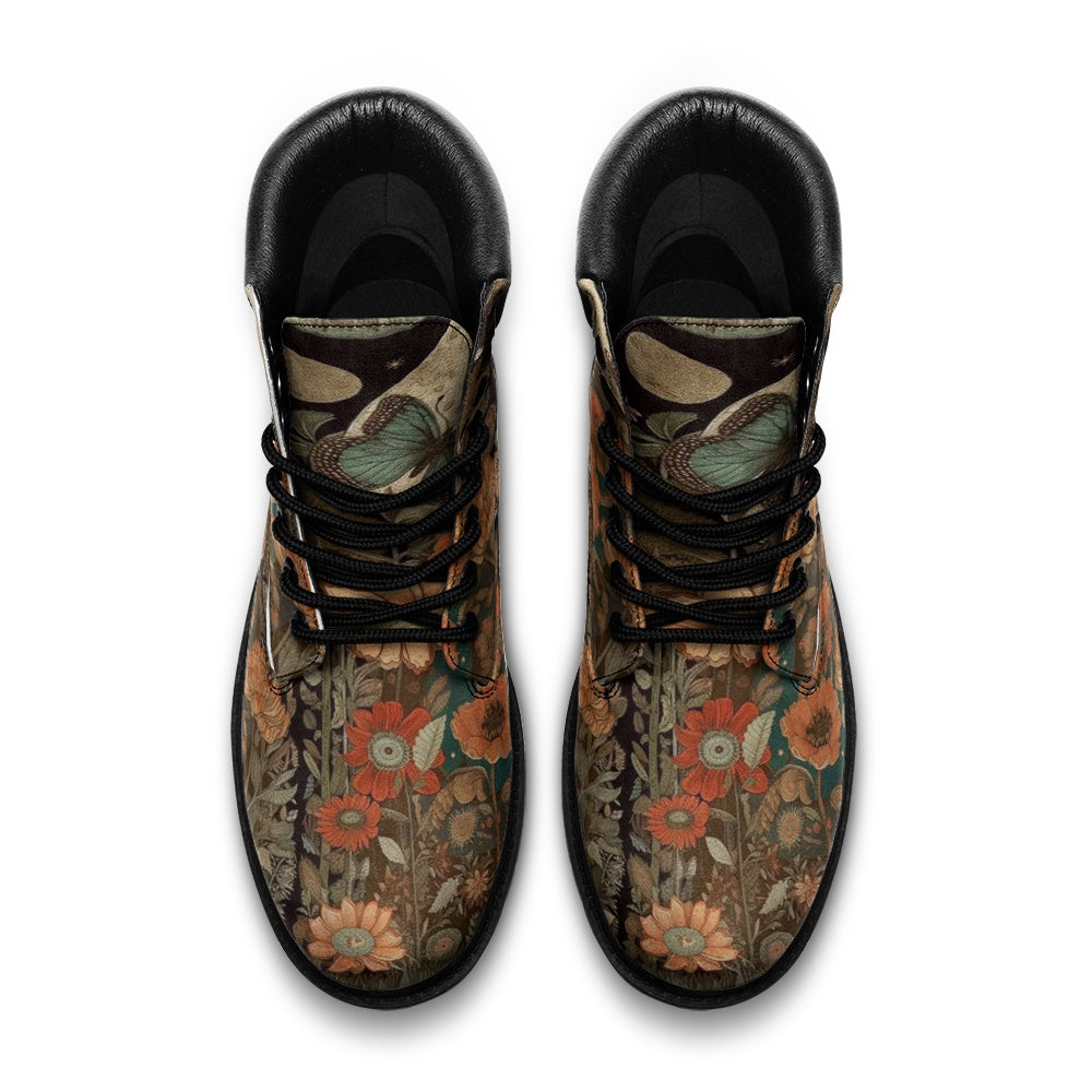 Cosmic Moon & Butterfly Floral Art Casual Leather Lightweight Timber Boots