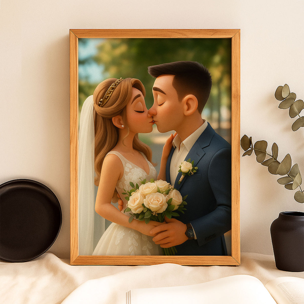 Charming Wedding Couple Portrait in Whimsical Style - Perfect Home Decor for Love and Romance
 - 8