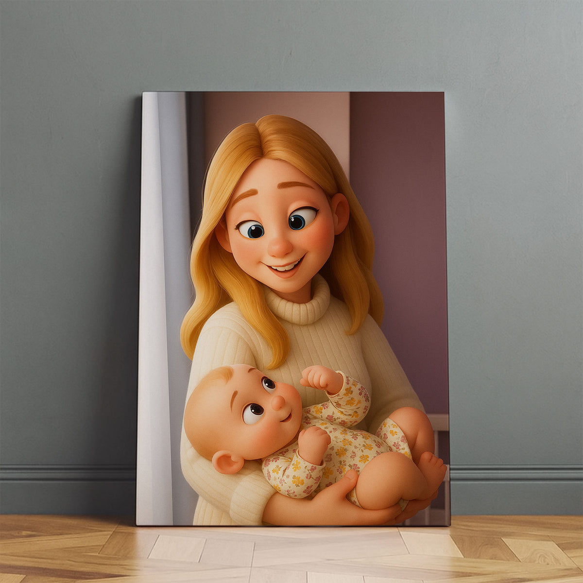 Heartwarming Cartoon Portrait of a Mother and Baby: Perfect Gift for New Parents and Nursery Decor
 - 8