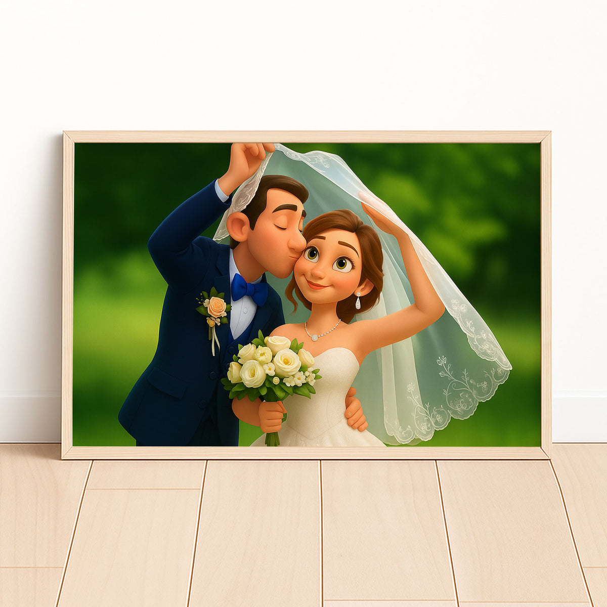 Charming Cartoon Wedding Portrait of a Bride and Groom in a Beautiful Forest Setting - Perfect for Home Decor
 - 8
