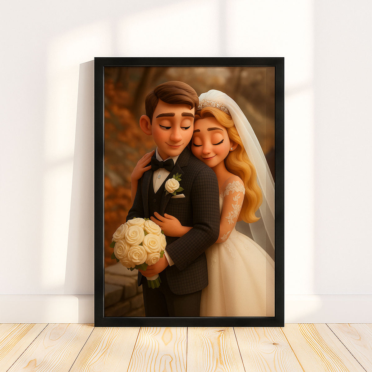 Charming Cartoon Wedding Portrait of a Loving Couple – Perfect for Home Decor and Gifts
 - 8
