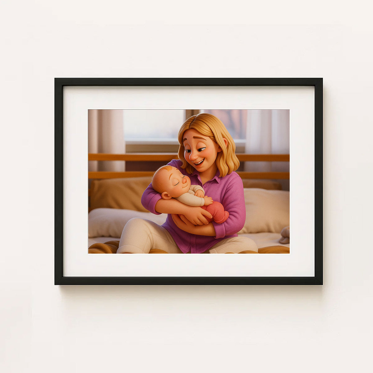 Warm and Joyful Mother-Baby Bond: Enchanting Cartoon Art Print for Nursery Decor
 - 8