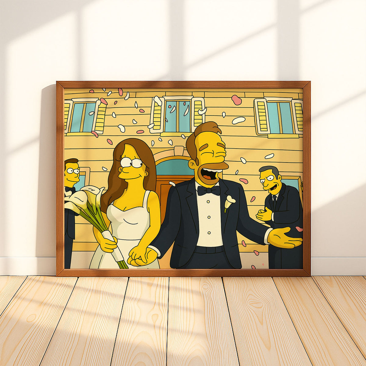 Whimsical Cartoon Wedding Art featuring Homer and Marge in Celebration - Simpsons-Inspired Marriage Scene Decor
 - 8