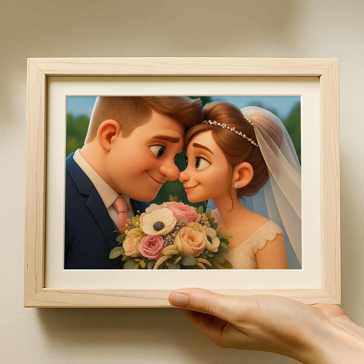 Charming Cartoon Wedding Portrait of a Happy Couple with Bouquet in Bright Colors
 - 8