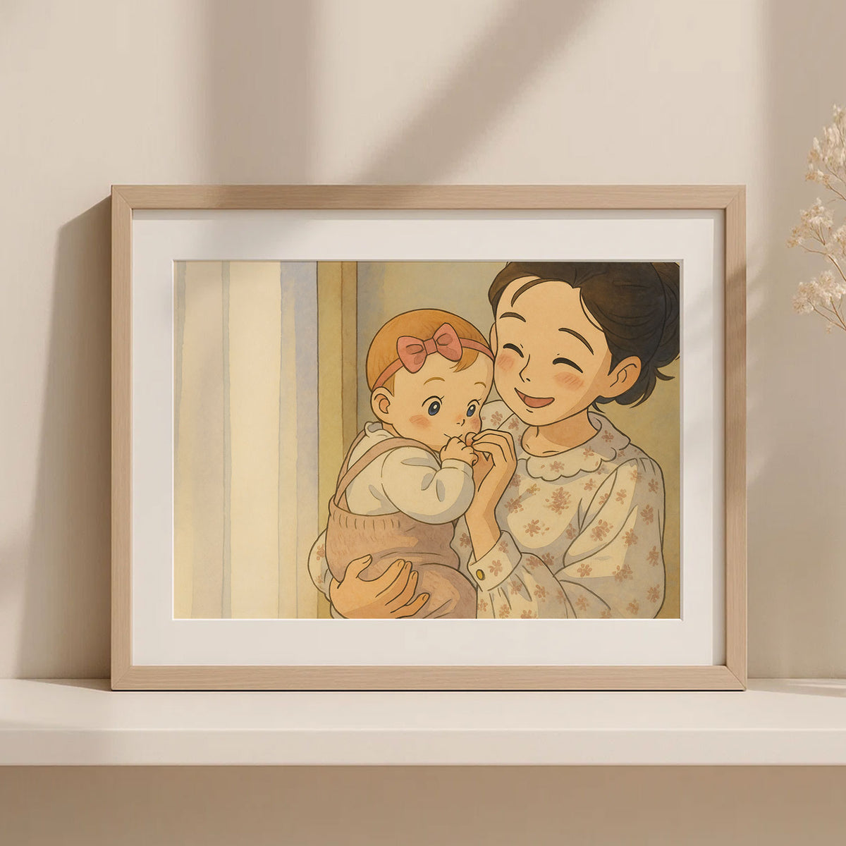 Heartwarming Illustration of a Mother Embracing Her Baby - Cozy Home Decor Art Print in Smooth Cartoon Style
 - 8