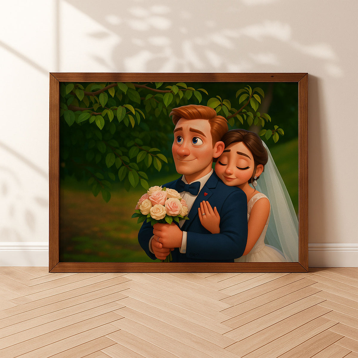 Charming Animated Wedding Portrait: Romantic Couple in Lush Greenery
 - 8