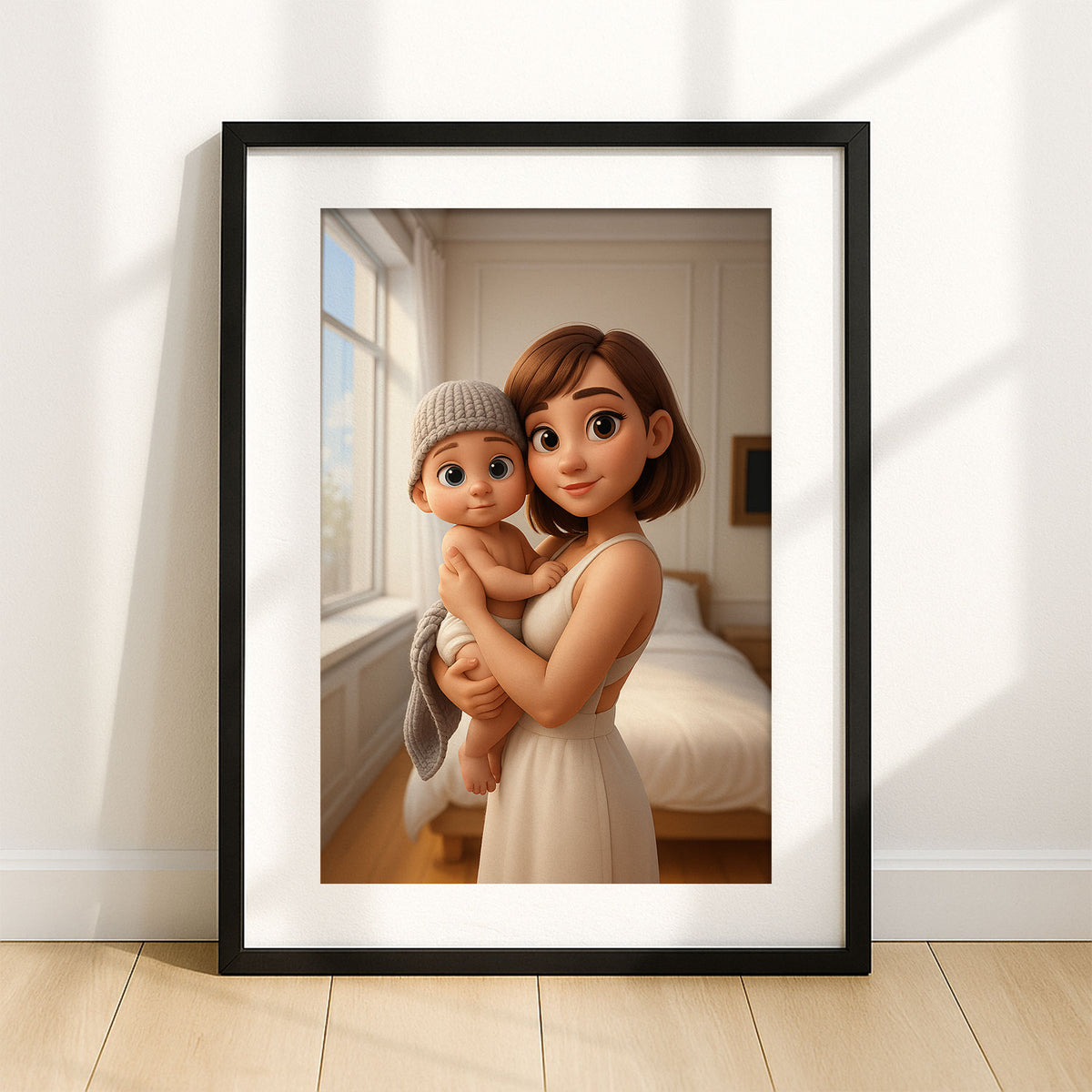 Heartwarming Cartoon Art Print of a Mother Joyfully Interacting with Her Baby in a Cozy Home Setting - Perfect for Nurseries and Family Spaces
 - 8