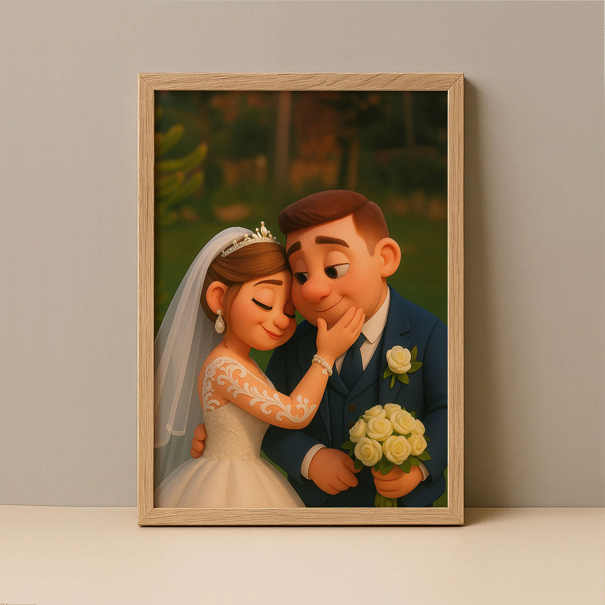 Whimsical Cartoon Wedding Portrait of Happy Couple in Nature - Perfect for Celebrating Love and Special Days
 - 8