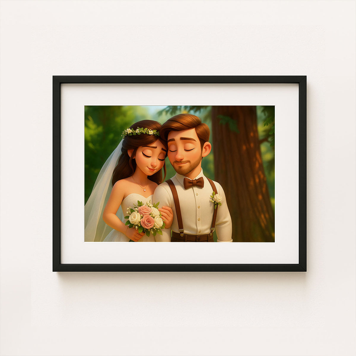 Charming Cartoon Wedding Art Print of a Happy Couple Embracing Love and Joy
 - 8