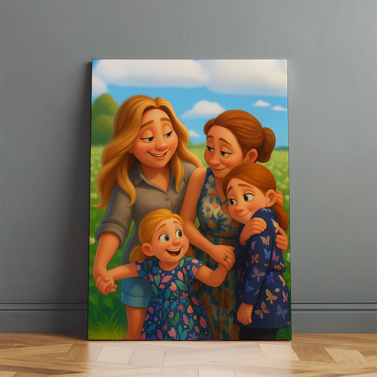 Charming Mother-Daughter Cartoon Art Print: Whimsical Illustration for Family Decor
 - 8
