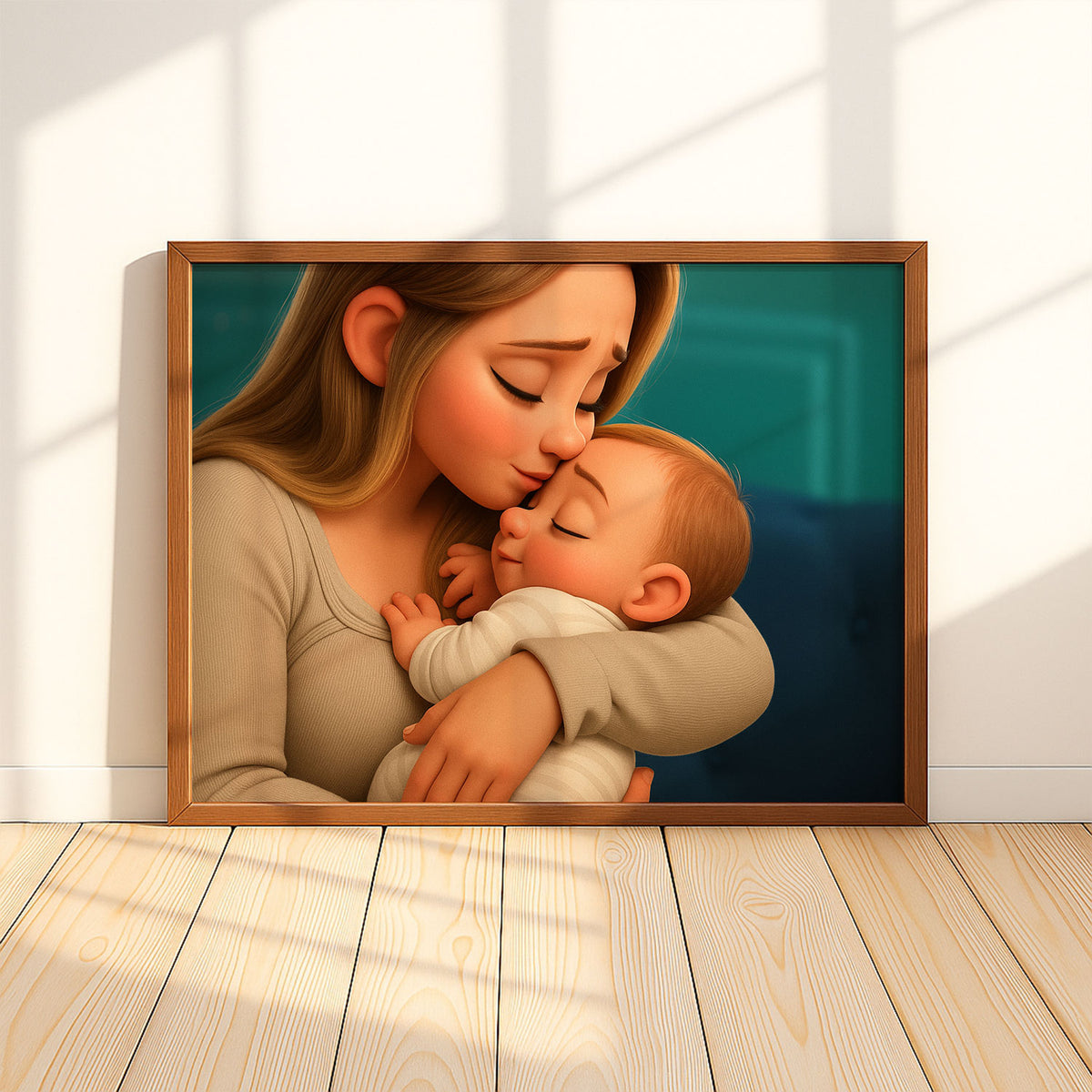 Heartwarming Cartoon Art Print of Mother and Baby Cherishing a Sweet Moment Together – Perfect Decor for Nursery and Home
 - 8