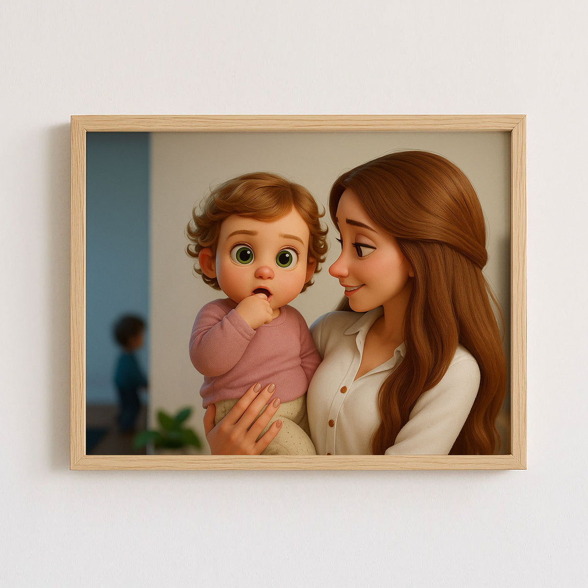 Adorable Cartoon Style Art Print of a Joyful Mother Holding Her Baby: Perfect Gift for New Parents and Nursery Decor
 - 8