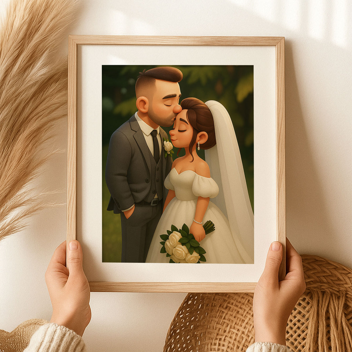 Charming Cartoon Couple Portrait: Joyful Wedding Art for Home Décor
 - 7