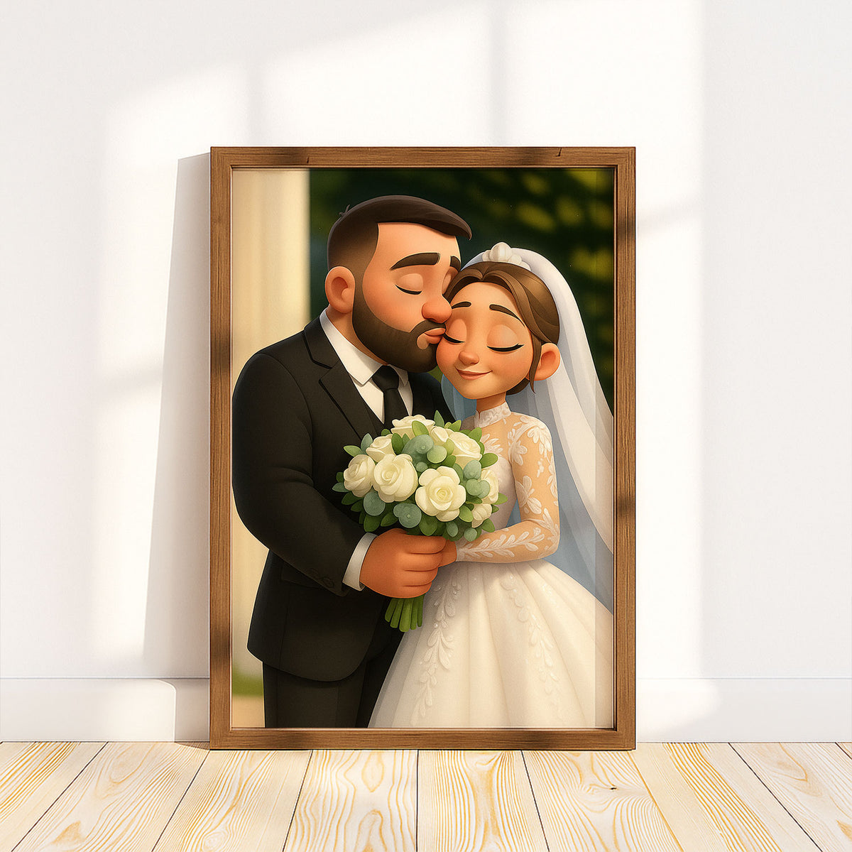 Charming Animated Wedding Portrait: Bride and Groom Embrace in Whimsical Art Style
 - 8